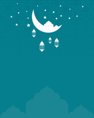 Fototapeta na wymiar A blue background with a crescent moon and Ramadan lanterns
