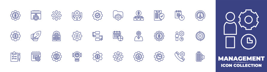 Management line icon collection. Editable stroke. Vector illustration. Containing management, chronometer, drop, corporate, gear, data management, cost, clipboard, appointment, efficiency, and more.