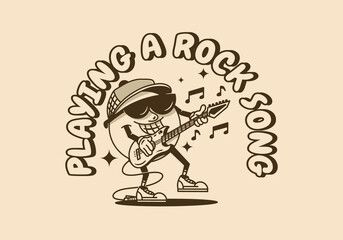 Mascot character of a yellow ball playing rock music with guitar