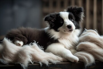 Fototapeta premium A funny picture of a cute border collie puppy with shedding fur lying down on a couch. Furry little dog and wool shed every year in the spring or fall at home. Pet hygiene allergy The idea of grooming
