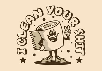 Mascot character of a standing tissue roll with hands forming a peace symbol