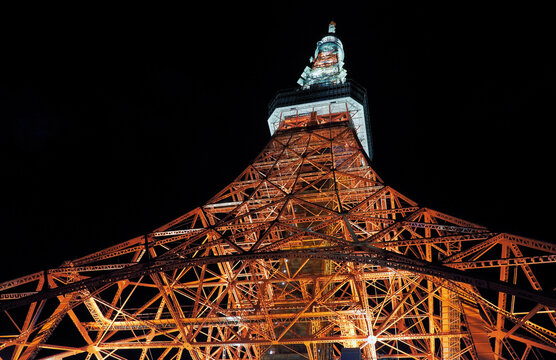The look up at the Tokyo Tower at night. Shiba-koen district of