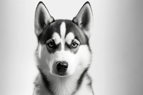 Cute Siberian Husky dog's face as it looks at the camera. The dog is black and white and has fur. Human friend. Pet animal on white background by itself. In the studio. Blank space. Generative AI