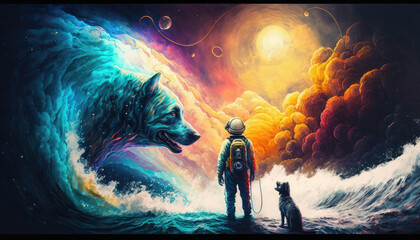 An abstract art of outer space with realistic cosmic waves and an astronaut dog in the background-created with Midjourney. 