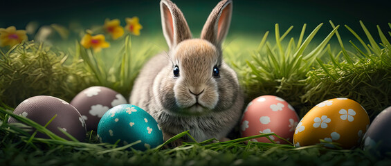 Easter joy in the great outdoors: Little bunny and colorful eggs on fresh green grass. AI-Generated