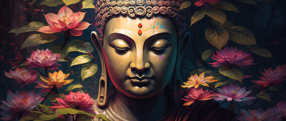Buddha Portrait with Floral Accents. AI-Generated