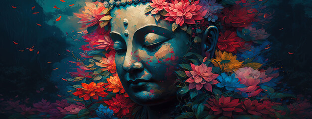 Stunning Buddha Painting Surrounded by Flowers. AI-Generated