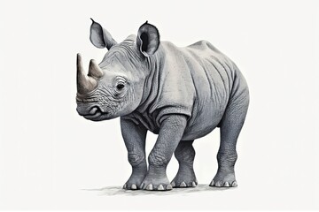 Cute baby rhino, rhinoceros, on a white background. Animals from Africa. Safari. Illustration. Template. Hand drawn. Design for a greeting card. Cut outs. Generative AI