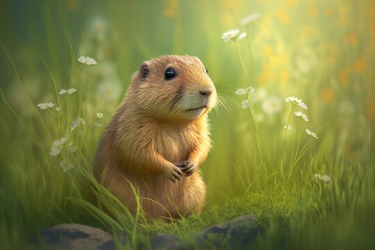 A cute gopher close by in a grassy summer meadow. Generative AI