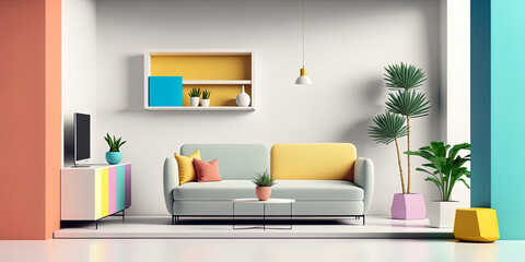 A living room design that combines minimalism with pops of color. AI-Generated