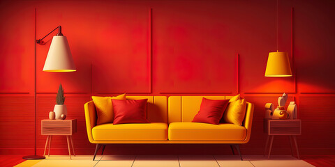Trendy yellow and red bedroom with a modern sofa and wooden floor lamp. AI-Generated