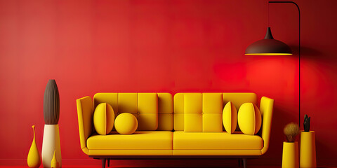 Contemporary trendy yellow Bedrooms on red concept design. Modern red sofa and wood floor lamp. trendy living room on gold wall background. AI-Generated
