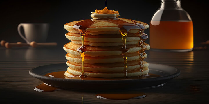 Close-up food photography of buttered pancakes with syrup. AI-Generated