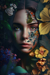 A gorgeous young woman with a natural and distinctive look, featuring plants on her face. AI-Generated