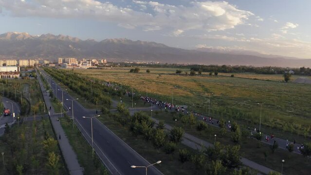 Aerial video shoot of People running at Almaty Marathon, Kazakhstan.