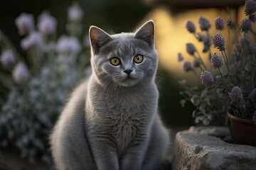 Cute, pretty grey cat outside. Generative AI