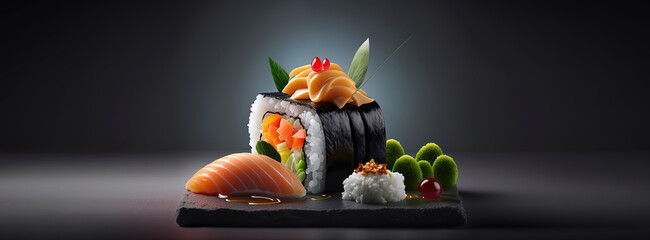 Appetizing sushi captured in product photo with a restaurant ambiance and studio lights. AI-Generated