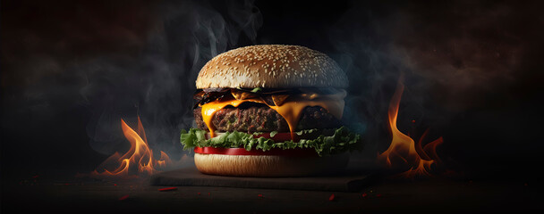 Delectable hamburger with cheese and lettuce on a dramatic background with fire. AI-Generated - obrazy, fototapety, plakaty