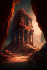 Temple of the Oracle featuring Greek and Gothic Revival architecture in a red-orange granite canyon. AI-Generated