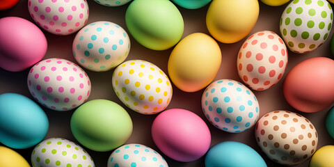 Fototapeta na wymiar top view of Colorful happy easter eggs pattern design pastel easter egg closeup. AI-Generated