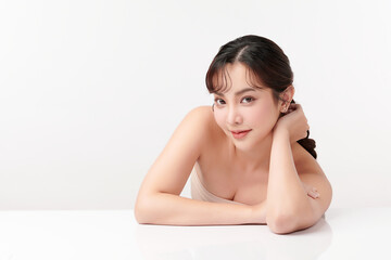 Beautiful young asian woman with clean fresh skin on white background, Face care, Facial treatment, Cosmetology, beauty and spa, Asian women portrait.