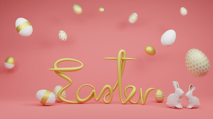easter background with easter eggs and easter bunnies, 3D rendering background.