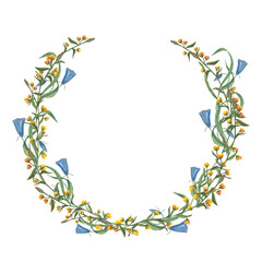 Watercolor wreath with flowers isolated on white background. Botanical hand drawn painting for postcard design, invitation template, cards, banner design, postcards