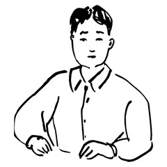 Young Asian man in a shirt. Hand drawn linear doodle rough sketch. Black silhouette on white background.