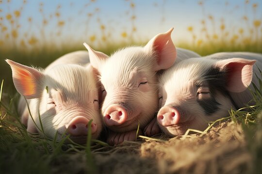 A picture of three baby pigs sleeping together on a sunny day in the summer. Generative AI