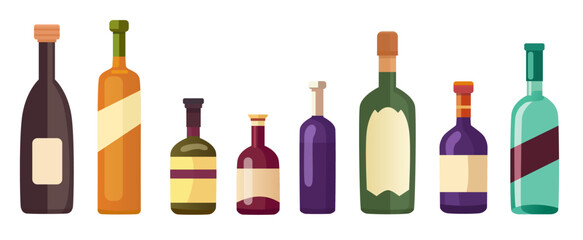 Bottles with alcohol set vector illustration on white. Drinks menu, cartoon alcoholic beverages for drinking at bar, isolated liquor and brandy