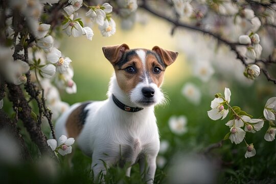 a picture of a small dog In the summer, a Jack Russell Terrier dog stands in apple blossoms. Generative AI