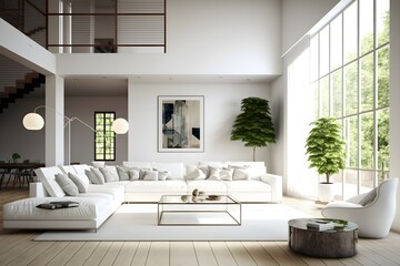 Fototapeta na wymiar wide and open living area with bamboo wooden floor and bright designer lamp in white theme, Generative AI