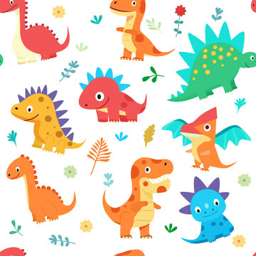 Adorable seamless pattern with funny dinosaurs in a cartoon. Perfect for greeting cards, invitations, parties, banners, kindergarten, baby shower, preschool and nursery decoration