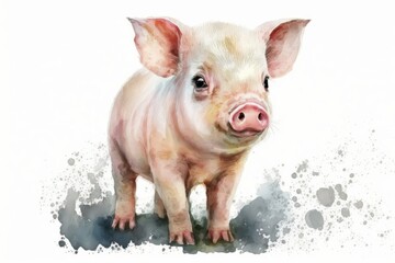 Cute watercolor piglet on a white background. Hand drawn picture of a little pig. Symbol of the 2019 New Year. Generative AI