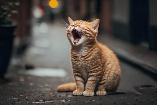 Cute orange tabby mix cat yawning on street. Generative AI