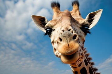 Naklejka premium A close up picture of a giraffe with a funny face. Generative AI