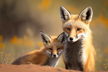 Red fox mother and cub. Generative AI