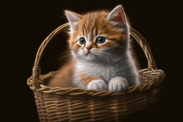 Naklejka na ściany i meble A small kitten sits in a white basket. It is a portrait of a kitten. Generative AI