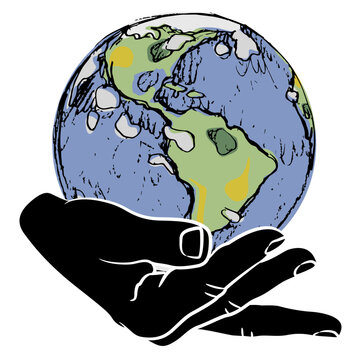 Silhouetted human hand holding planet Earth. Creative environmental concept. Isolated vector illustration.