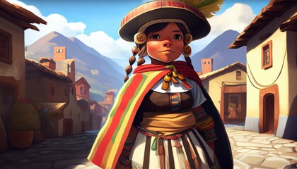 beautiful quechua girl en traditional clothes. peruvian. Created with generative AI.