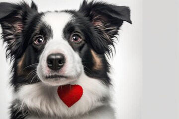 Fototapeta premium St. Valentine's Day concept. Cute puppy dog border collie holding a red heart on its nose in a funny portrait against a white background. Lovely dog in love on valentines day gives gift. Generative AI