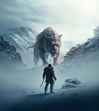 Hunter holding spear encounters sabertooth smilodon on snowy  mountain top pass. Generative AI.