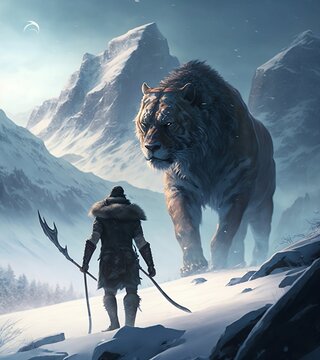 Hunter holding spear encounters sabertooth smilodon on snowy  mountain top pass. Generative AI.