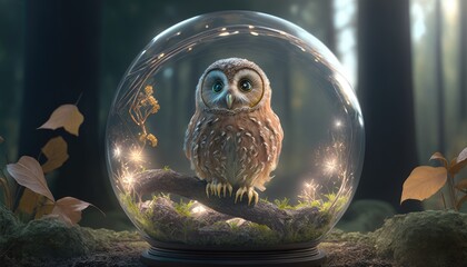 cute adorable owl inside a crystal ball. Created with Generative AI.