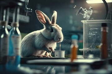 In a lab, scientists or pharmacists do research on chemicals and test them on animals. rabbit in scientific lab experiment. Generative AI