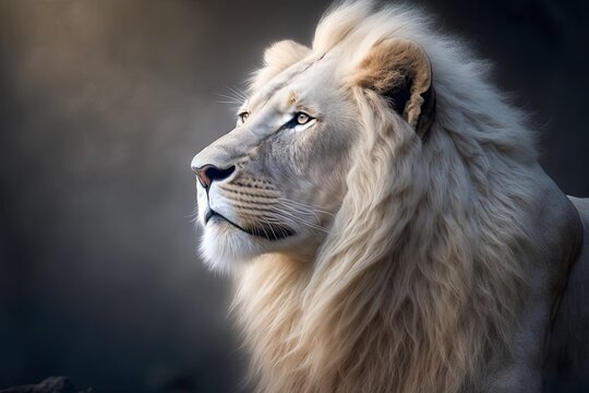 A close up picture of a white lion with a blurry background. Profiles of wild animals and big cats. Generative AI