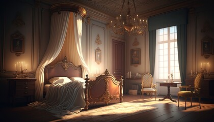 Baroque historical bedroom illustration by generative AI - obrazy, fototapety, plakaty