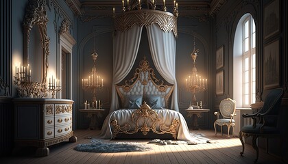 Baroque historical bedroom illustration by generative AI - obrazy, fototapety, plakaty