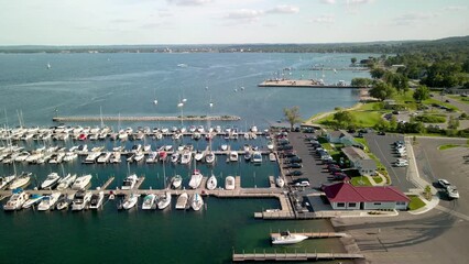 Traverse city marina in Michigan with several boats docked.