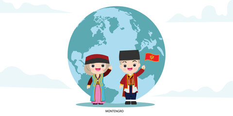 montengro in national dress with a flag. Man and woman in traditional costume in map and earth.vector illustration